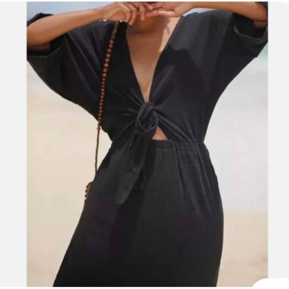 Free People Beach Endless Nights Maxi Dress Sz S Black Gauze Cotton Front Tie